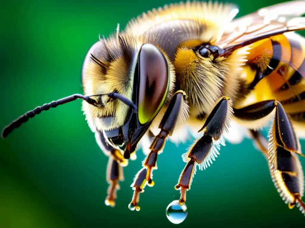 Detalle de antena de abeja con gotas de agua, resaltando la detección de humedad en insectos