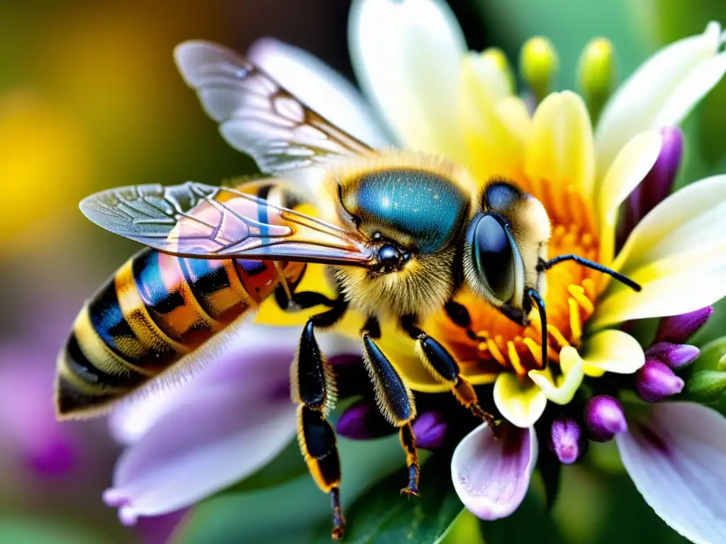 Detalle de las antenas de una abeja con gota de néctar, resaltando su función de antenas en insectos