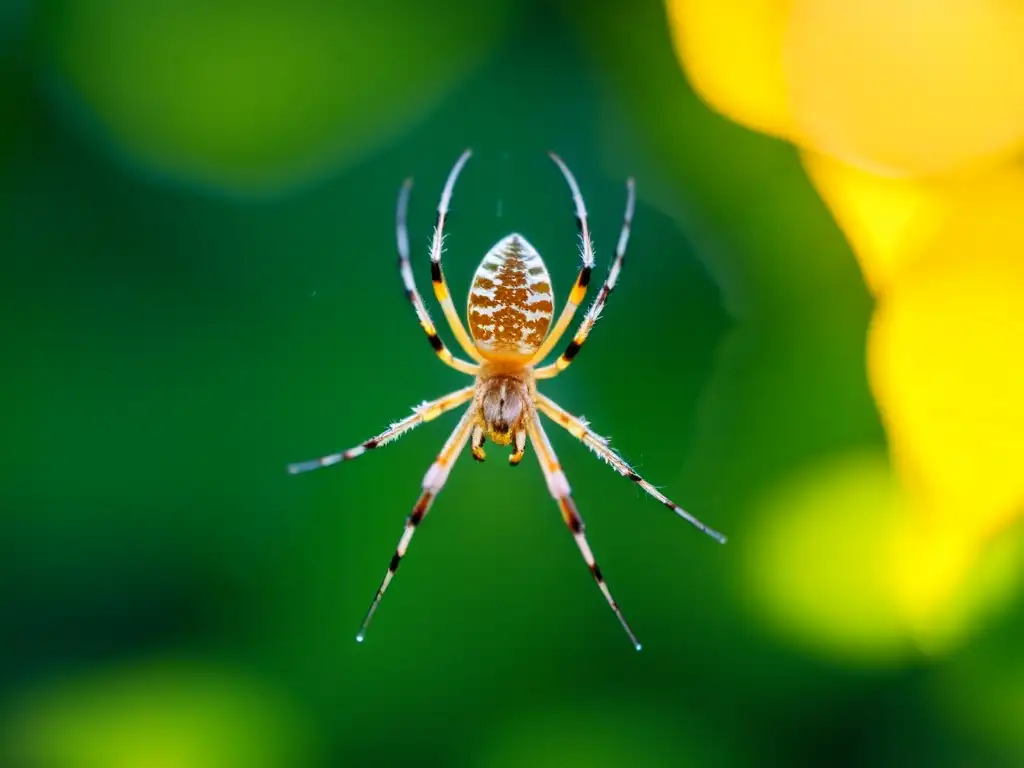 Detalle de una araña tejiendo una tela entre briznas de hierba con rocío