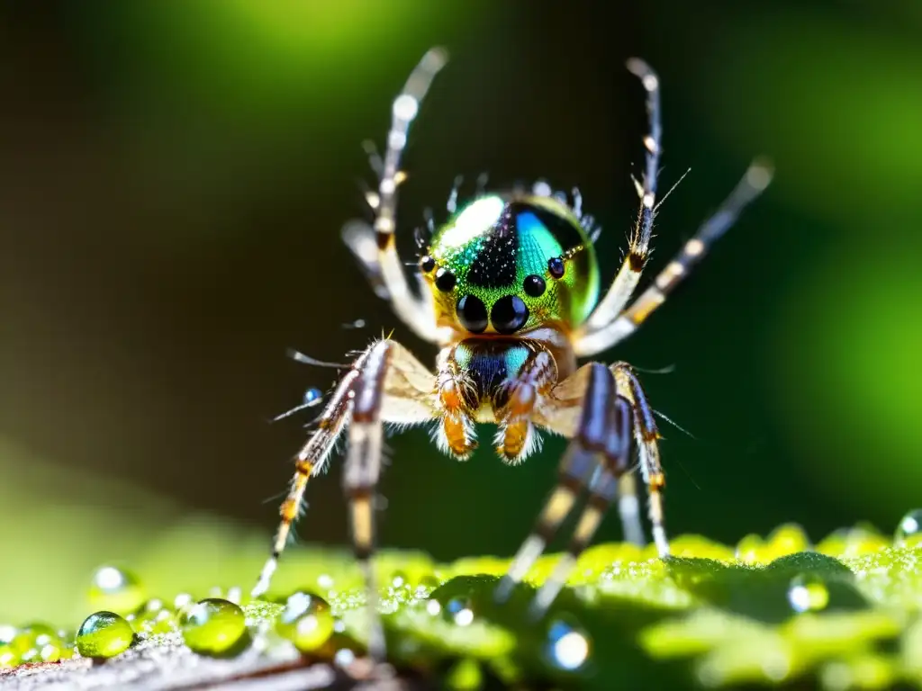 Detalle de una araña esperando en su telaraña en un bosque