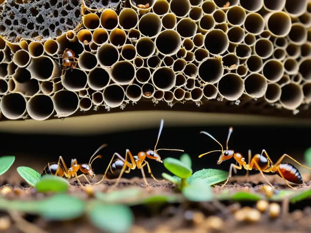 Detalle de la arquitectura de hormigueros en ecosistemas, con hormigas construyendo túneles y cámaras, mostrando su laboriosa naturaleza