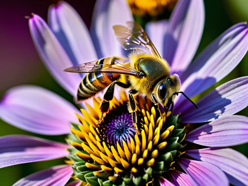 Detalle asombroso de una abeja cubierta de polen amarillo en un equinácea morada