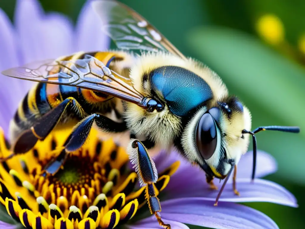 Detalle asombroso de una abeja cubierta de polen, en íntima conexión con una flor colorida, ilustrando la coevolución plantas insectos polinización