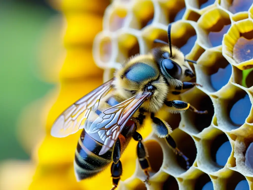 Detalle asombroso de una abeja cubierta de polen amarillo mientras vuela sobre un panal