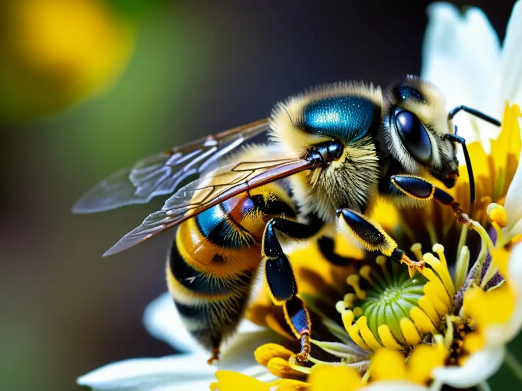 Detalle asombroso de una abeja cubierta de polen, en íntima relación con una flor en floración