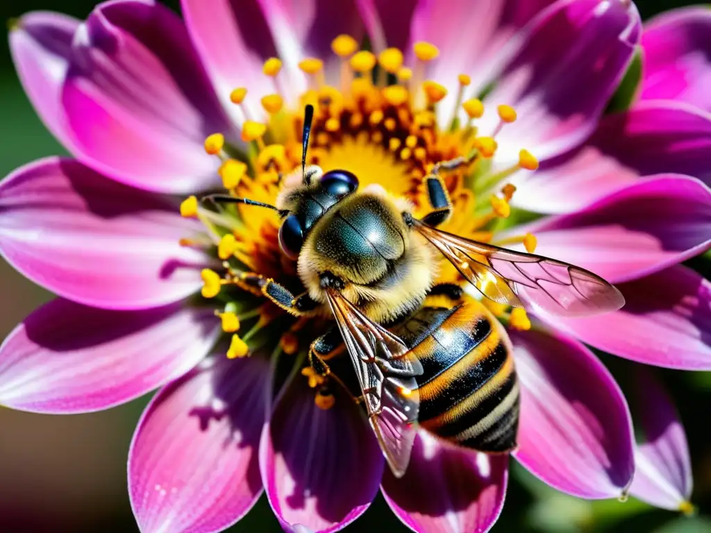 Detalle asombroso de una abeja cubierta de polen sobre una flor rosada