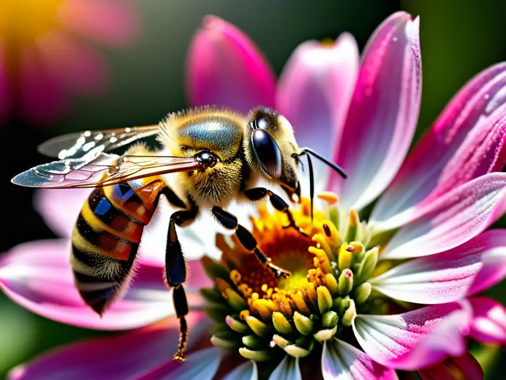 Detalle asombroso de una abeja cubierta de polen, realizando una delicada danza de polinización