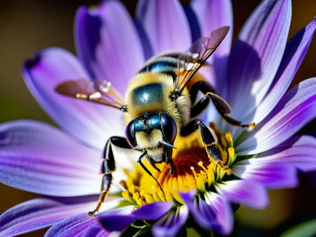 Detalle asombroso de una abeja cubierta de polen sobre una flor púrpura, resaltando la importancia de las abejas en los ecosistemas