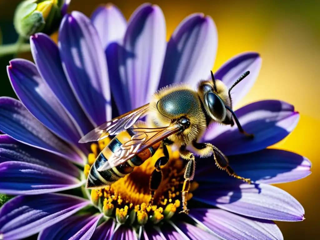 Detalle asombroso de abeja cubierta de polen sobre flor morada