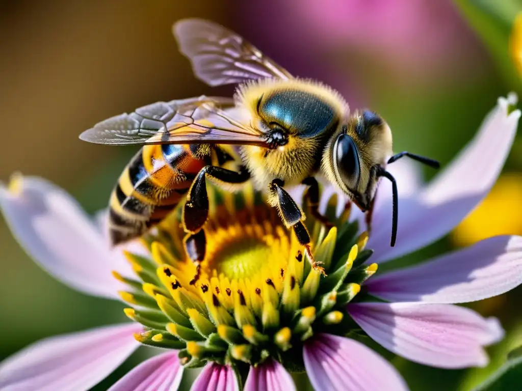 Detalle asombroso de abeja cubierta de polen amarillo en flor silvestre