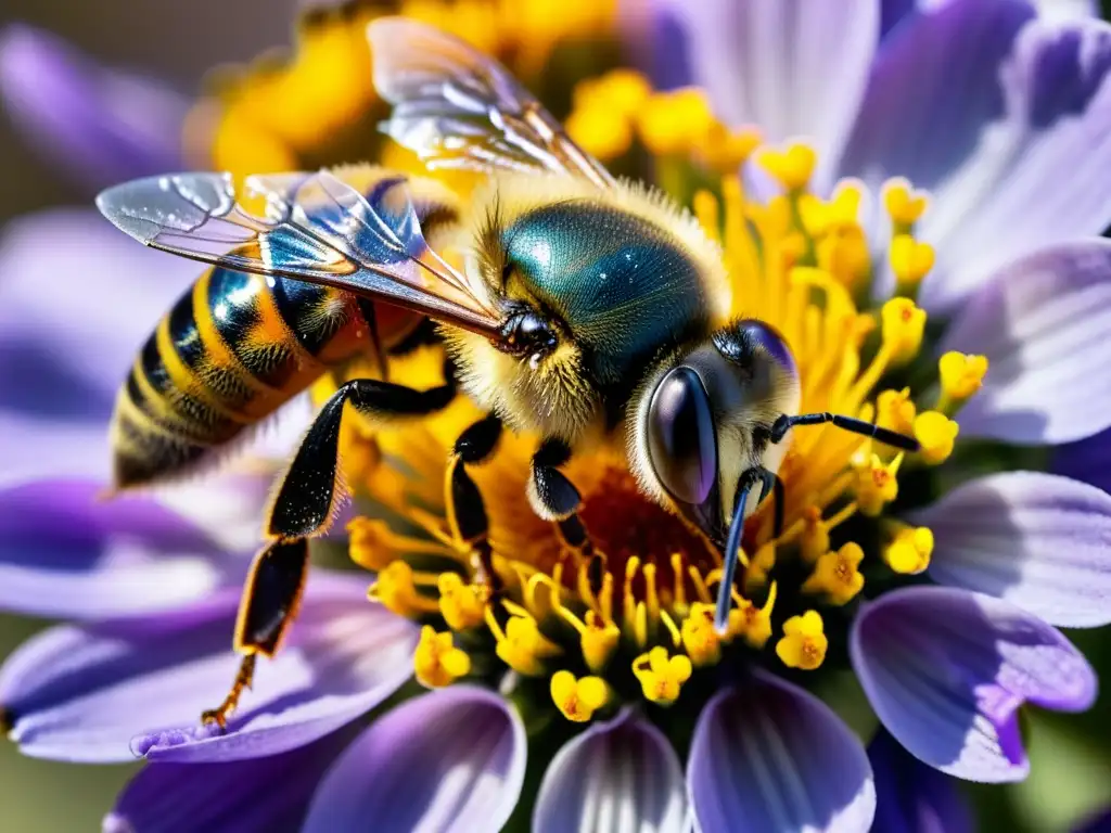 Detalle asombroso de una abeja cubierta de polen amarillo sobre una flor morada