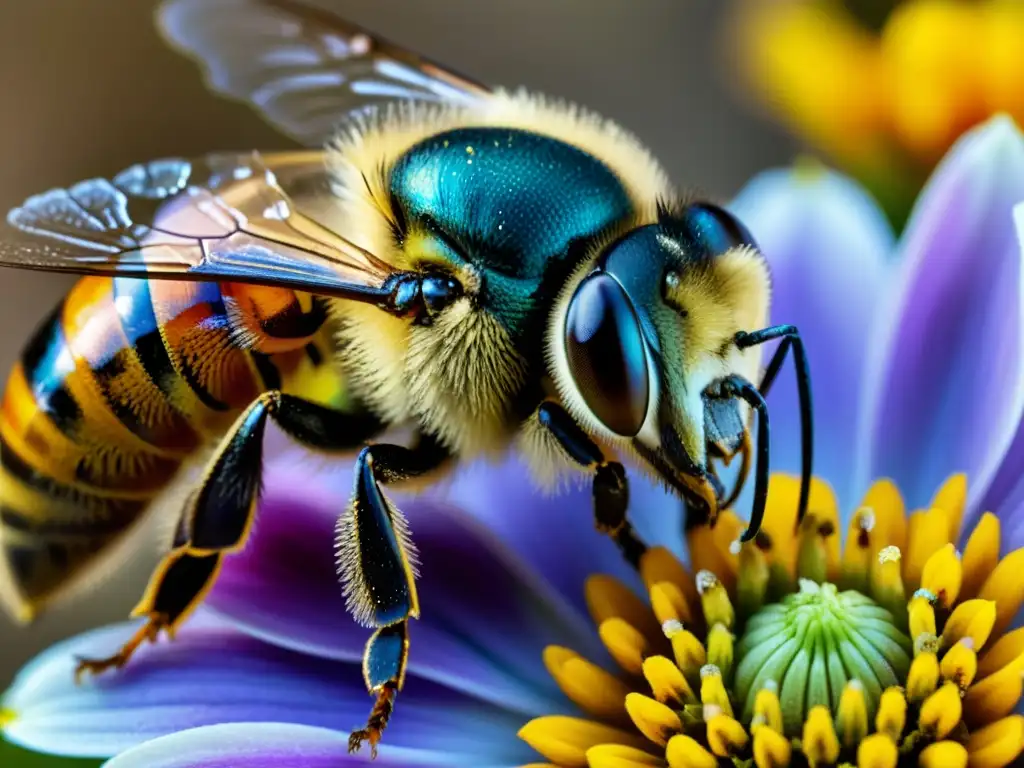 Detalle asombroso de una abeja cubierta de polen sobre una flor colorida, resaltando la importancia de los insectos en ecosistemas