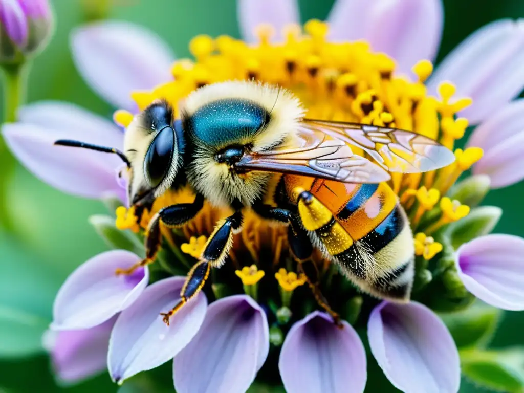 Detalle asombroso de una abeja cubierta de polen en un jardín de flores vibrante