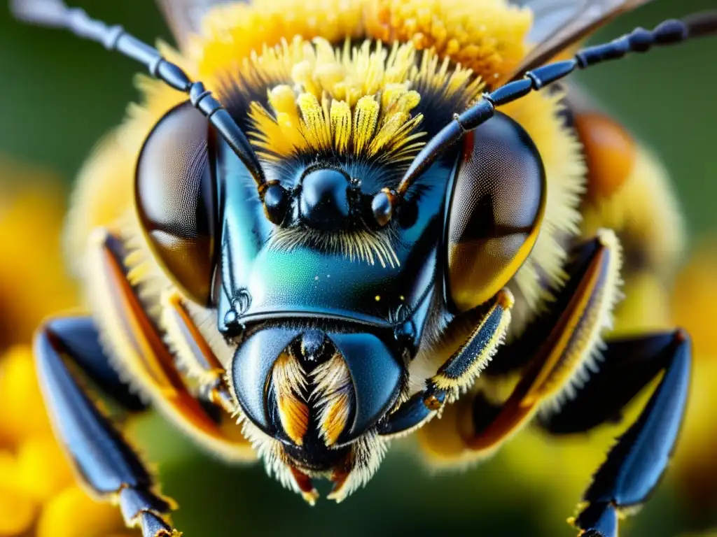 Detalle asombroso de una abeja cubierta de polen, destacando su vital rol en la polinización