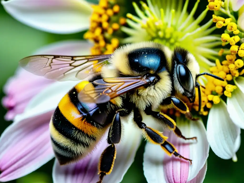 Detalle asombroso de una abeja cubierta de polen, resaltando la importancia de los insectos en ecosistemas