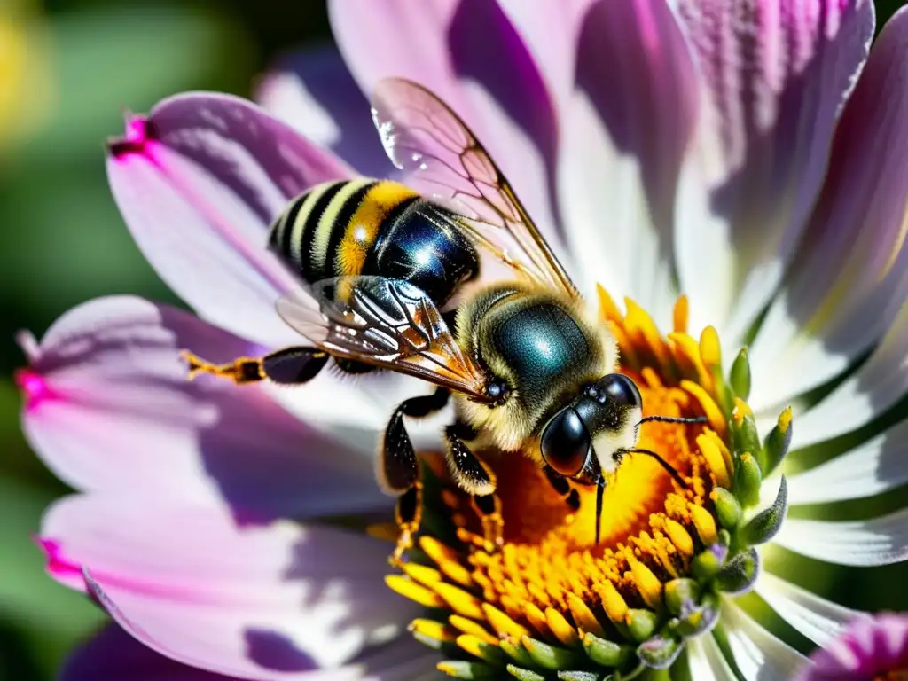 Detalle asombroso de una abeja cubierta de polen amarillo sobre una delicada flor rosada