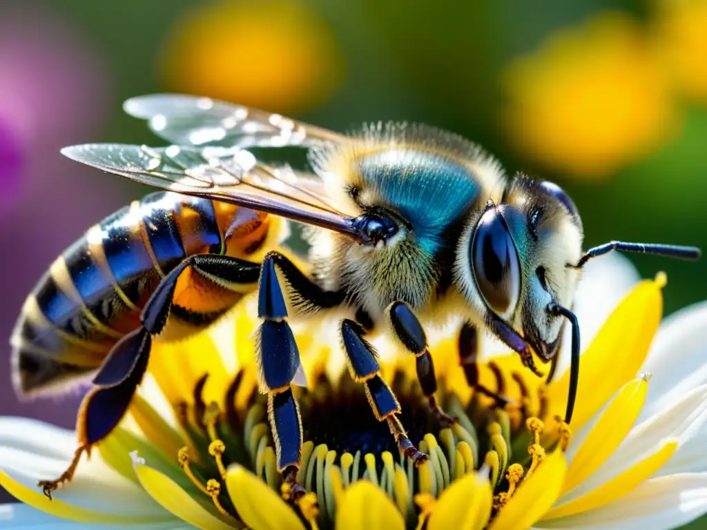 Detalle asombroso de una abeja cubierta de polen, interactuando con una flor colorida