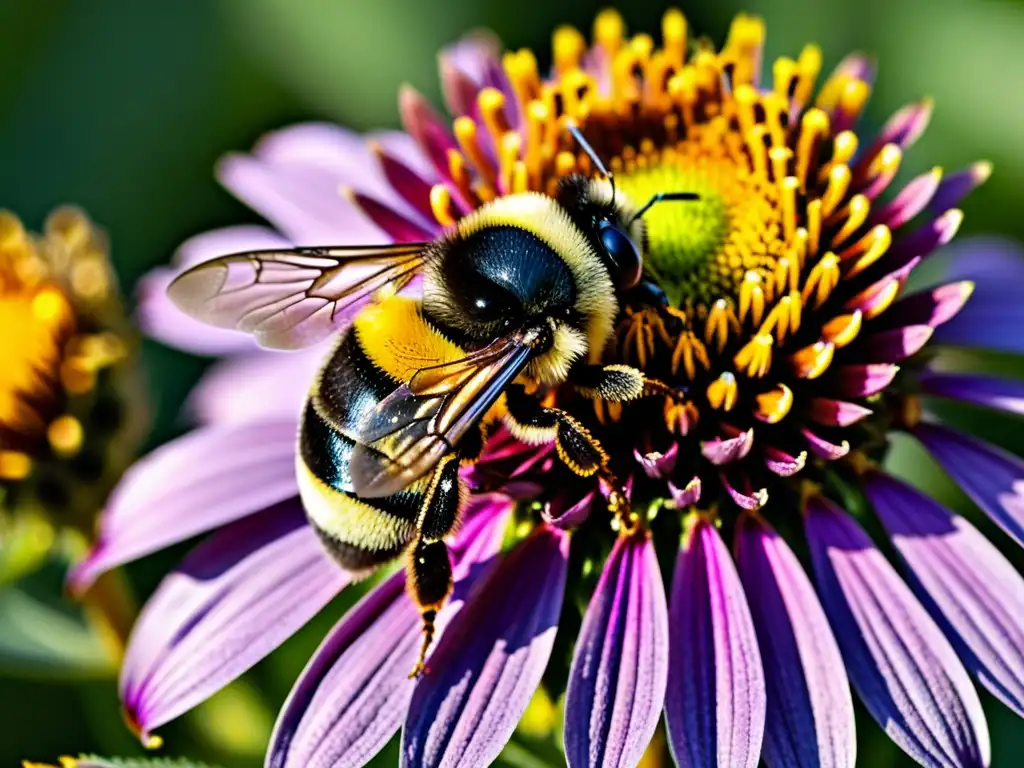 Abeja cubierta de polen en flor púrpura: macro asombroso Detalle asombroso de una abeja cubierta de polen en una flor morada