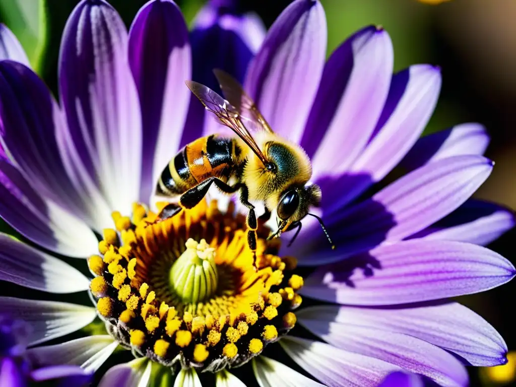 Detalle asombroso de la interacción entre la abeja y la flor, resaltando la importancia de la polinización en la naturaleza