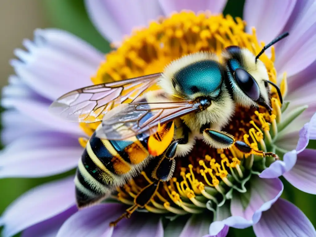 Detalle asombroso de una abeja polinizando una flor, capturando la belleza natural y la filosofía de la conciencia en insectos