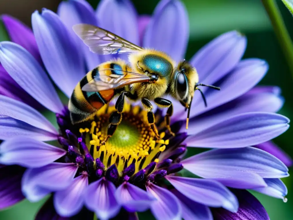 Detalle asombroso: Abeja polinizando una flor morada, resaltando la relación ética entre humanos e insectos