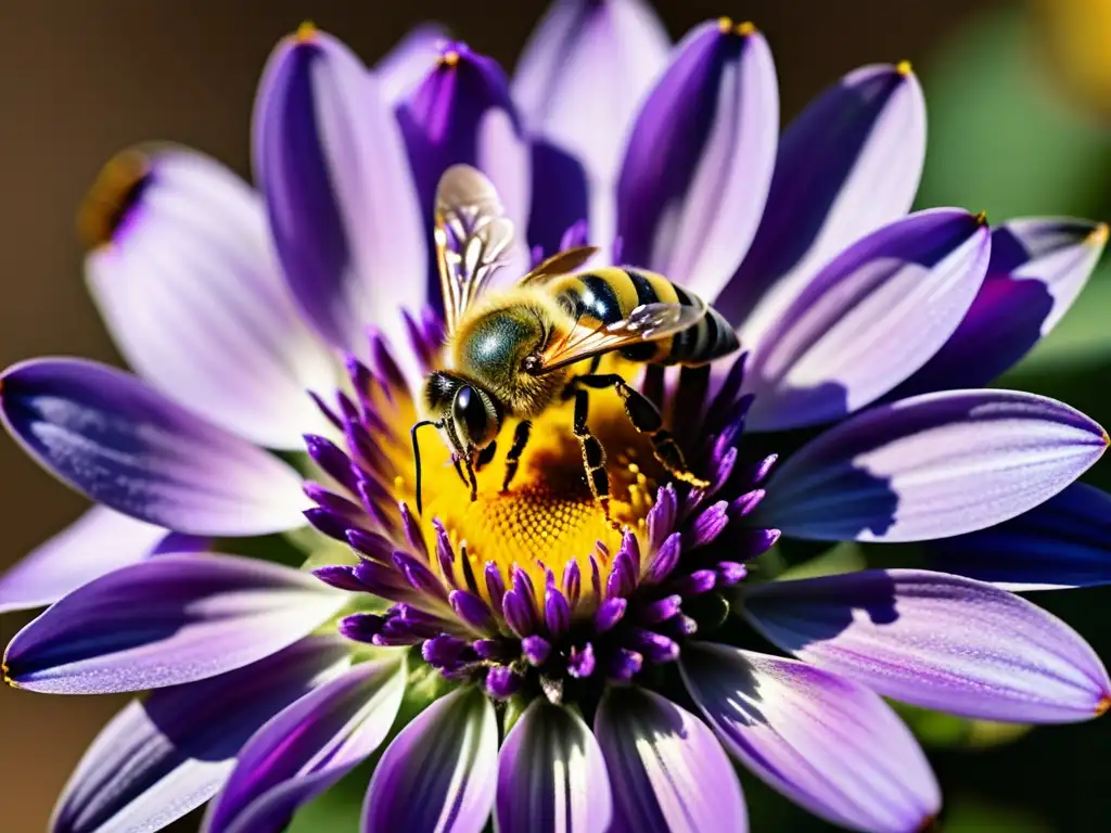 Detalle asombroso de una abeja sobre flor morada, con alas y cuerpo brillando al sol