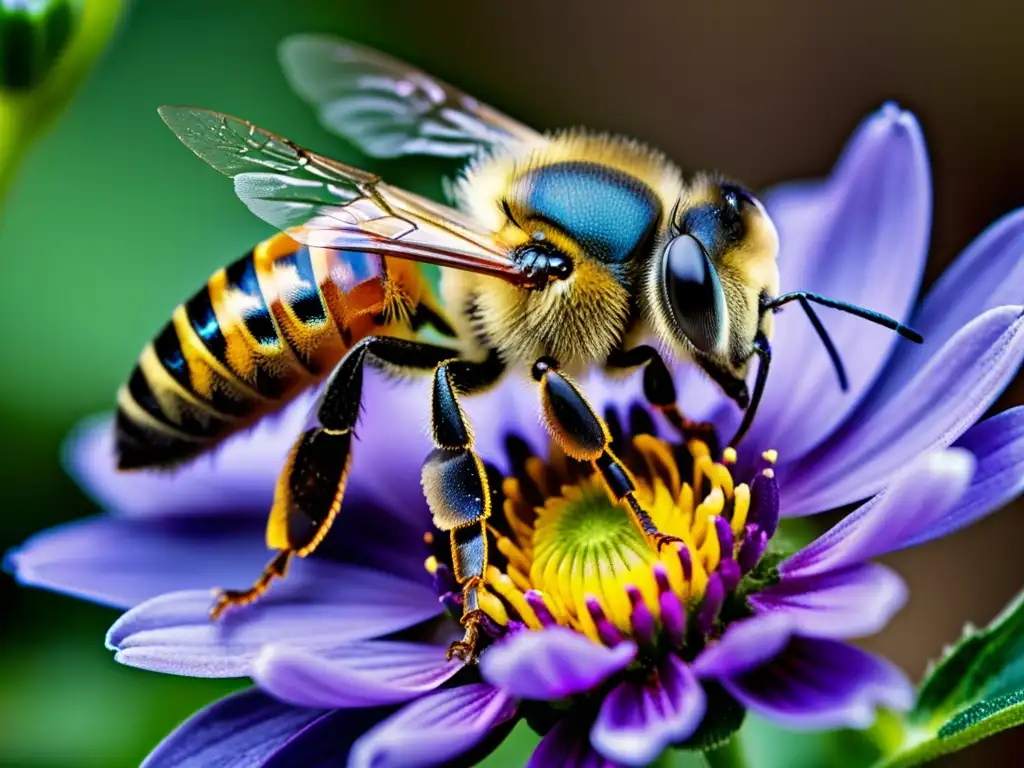 Detalle asombroso de una abeja extrayendo néctar de una flor morada