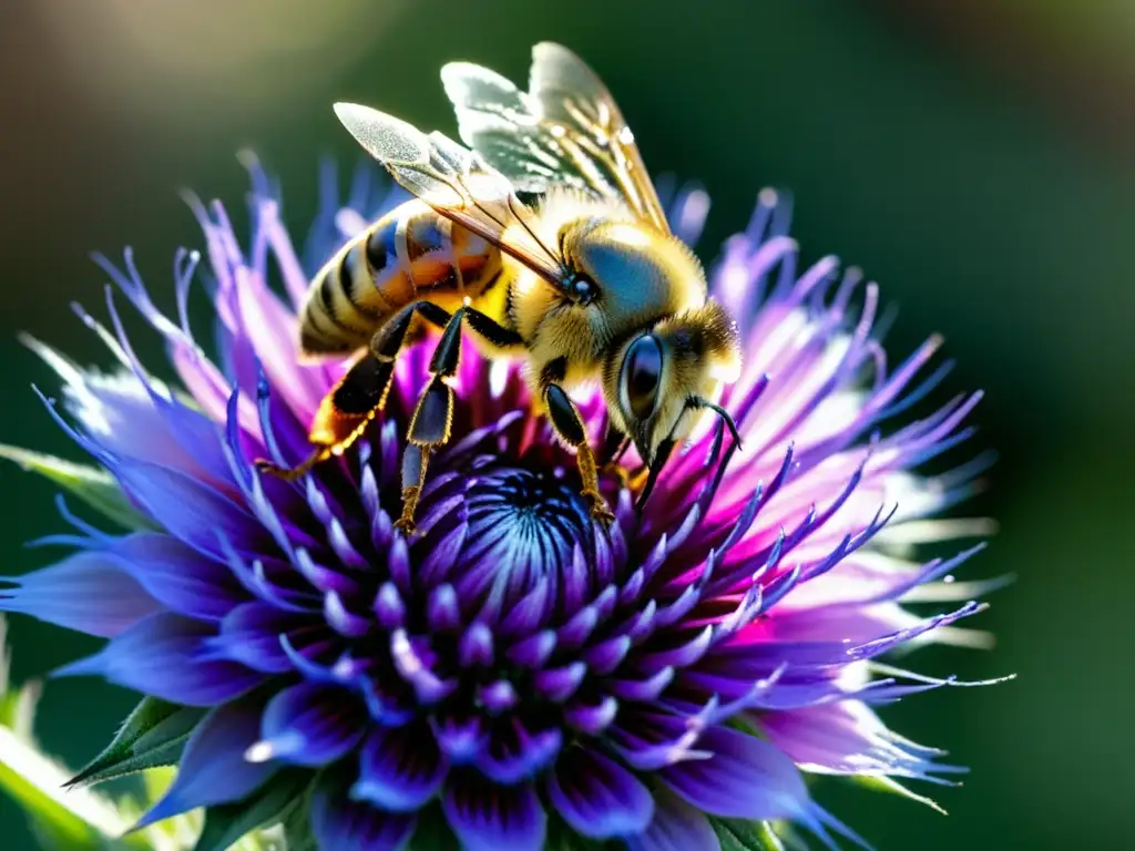 Detalle asombroso de abeja polinizando una flor morada