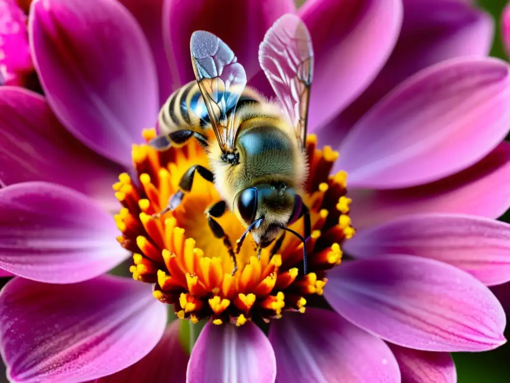 Detalle asombroso de abeja recolectando néctar en flor rosa, resaltando la importancia de los insectos en ecosistemas