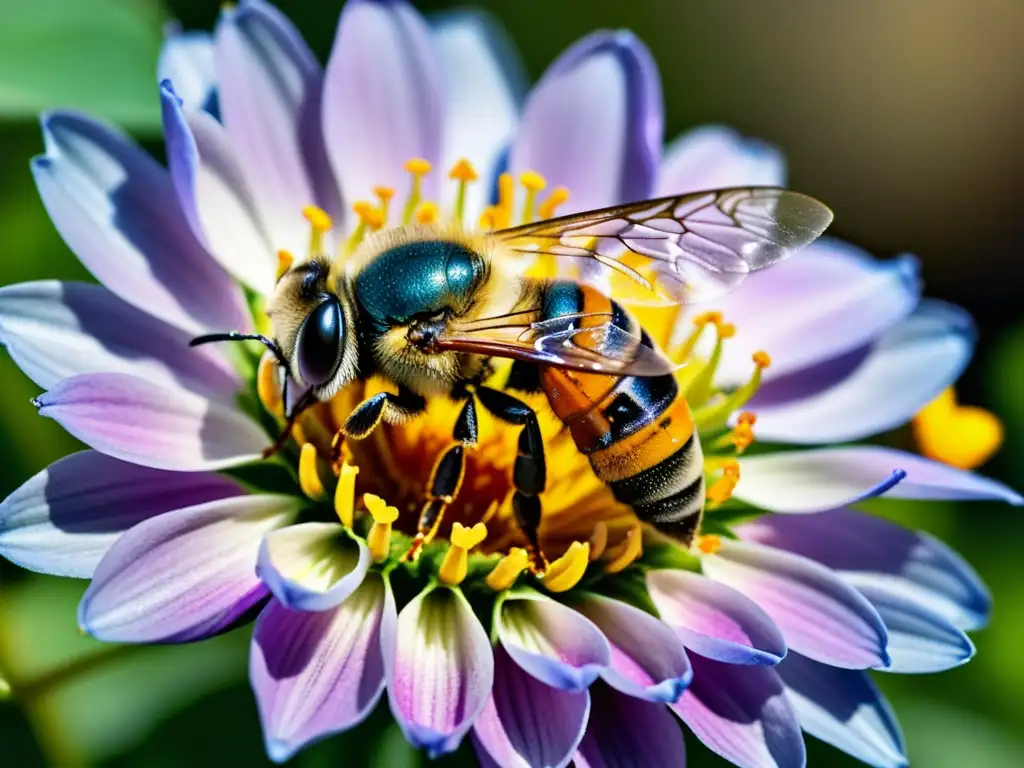 Detalle asombroso de una abeja recolectando néctar de una flor vibrante