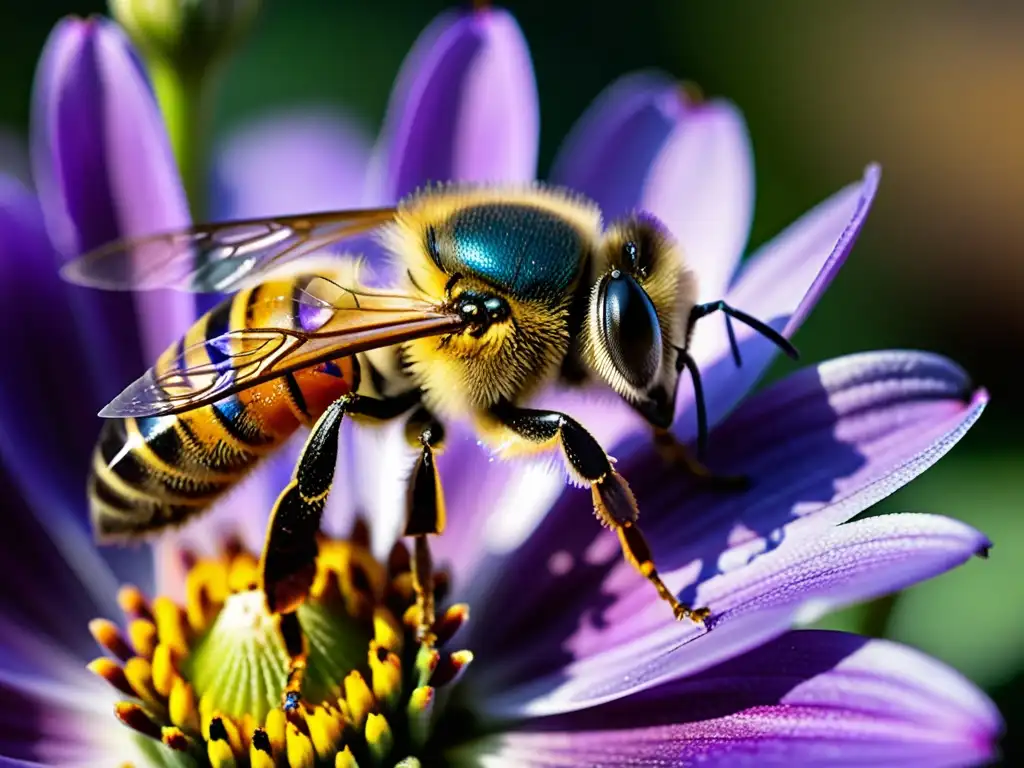 Detalle asombroso de una abeja recolectando néctar de una flor morada, resaltando la importancia de los insectos en la evolución humana