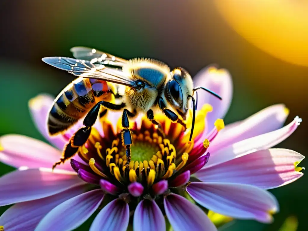 Detalle asombroso de una abeja recolectando néctar de una flor brillante