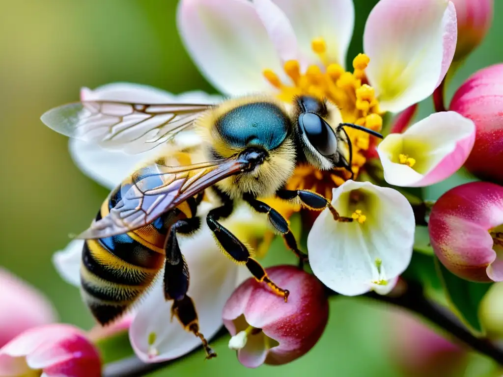 Detalle asombroso de abeja polinizando flor de manzano, resaltando la importancia de la polinización cruzada para la biodiversidad de los cultivos