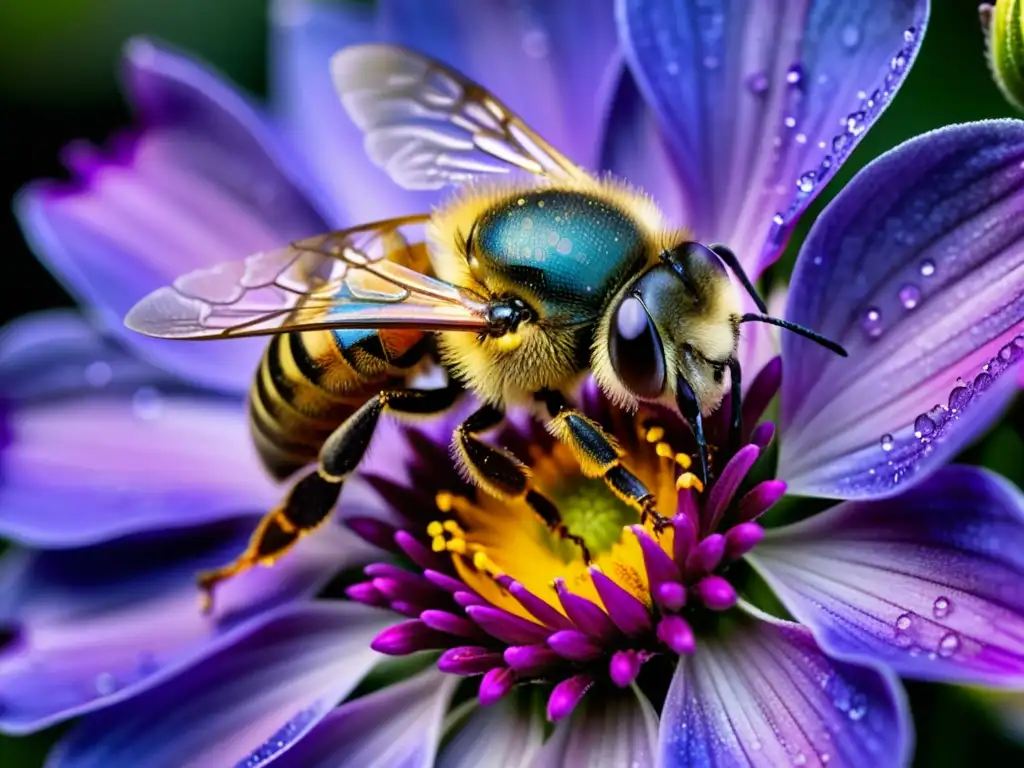 Detalle asombroso de una abeja recolectando néctar de una flor silvestre morada