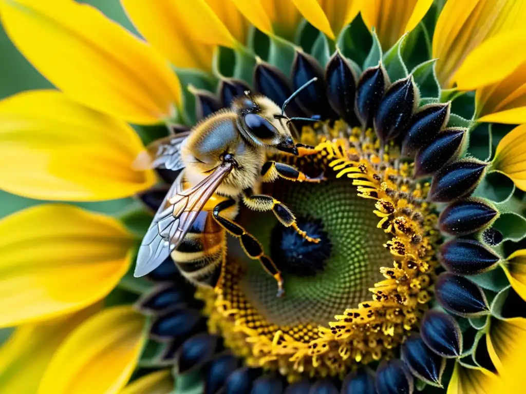 Detalle asombroso de una abeja en un girasol, arte inspirado en el mundo de las abejas