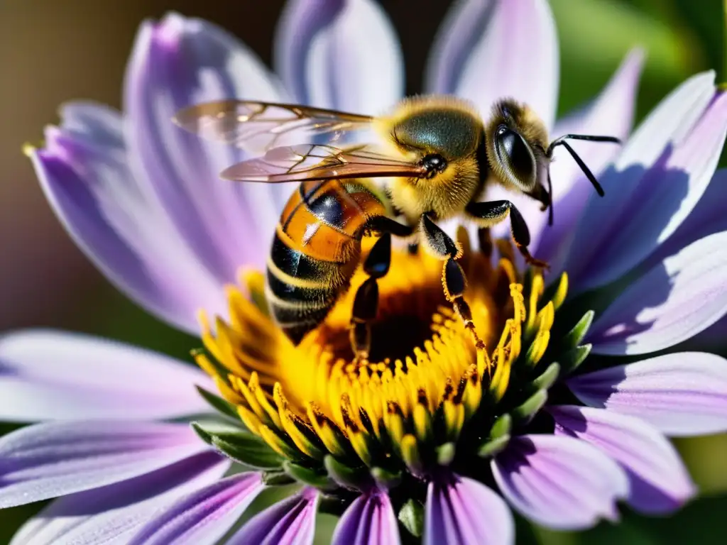 Detalle asombroso de una abeja interpretando el lenguaje de las flores en un jardín soleado