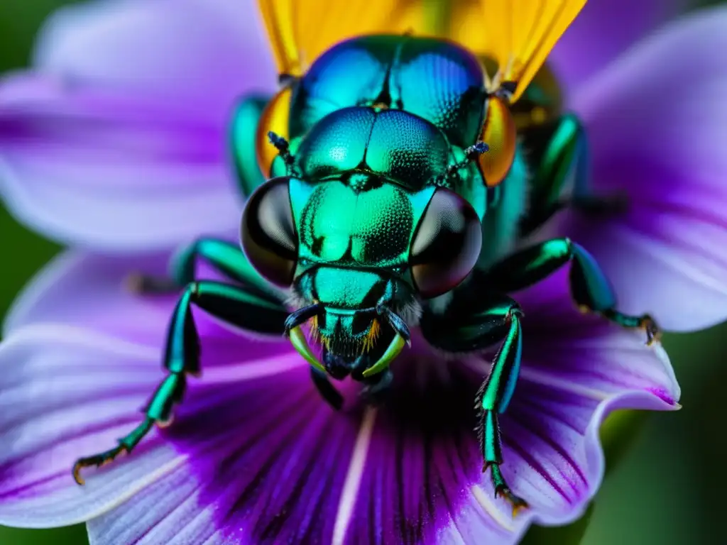 Detalle asombroso de una abeja orquídea metálica verde (Euglossa dilemma) en una flor morada vibrante, mostrando sus características únicas de insectos asombrosos y la belleza intrincada de la naturaleza