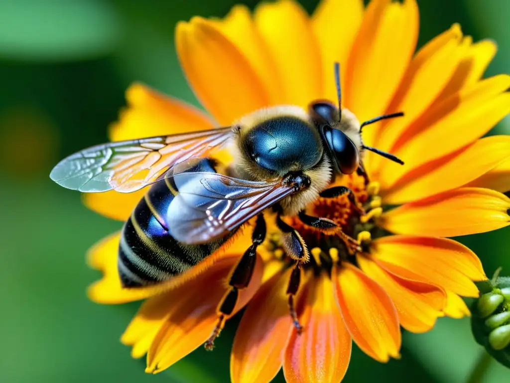 Detalle asombroso de una abeja en pleno trabajo sobre una flor naranja, mostrando sus alas, ojos y patas cargadas de polen
