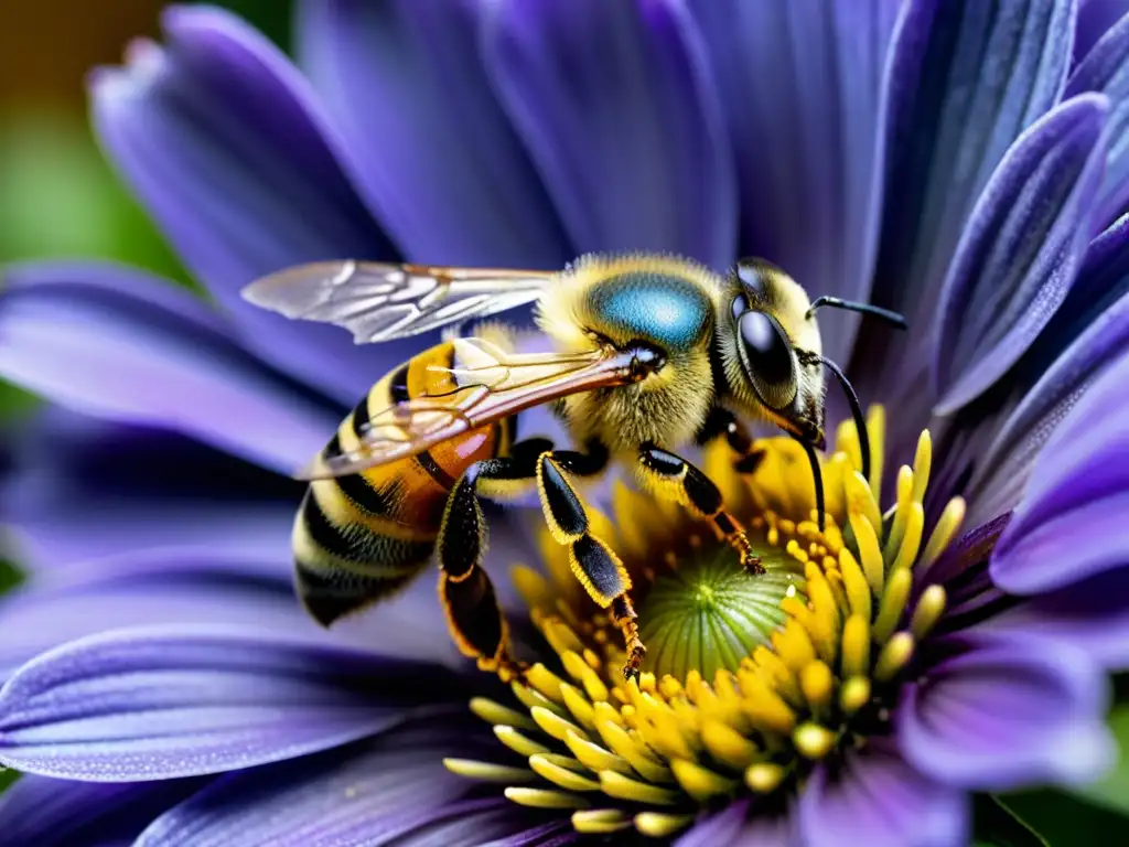 Detalle asombroso de abeja recolectando polen en flor morada, resaltando la importancia de los insectos en ecosistemas