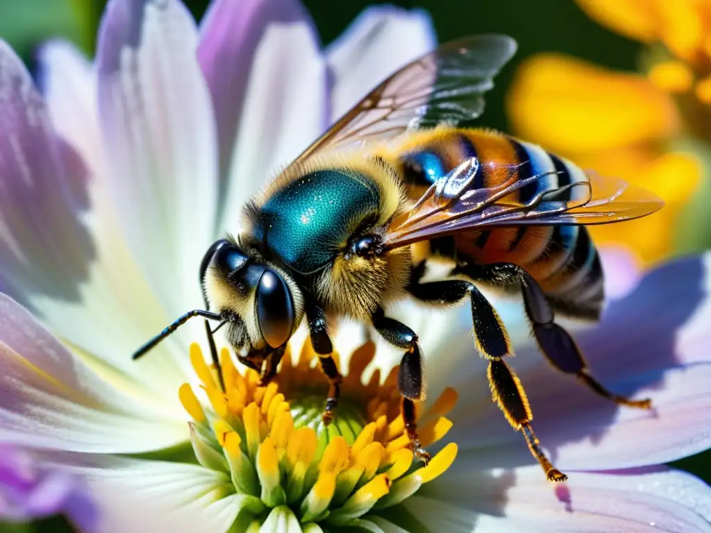 Detalle asombroso de una abeja recolectando polen en una flor vibrante, iluminada por el sol