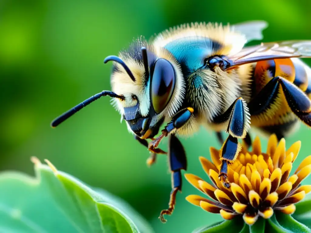 Detalle asombroso de una abeja recolectando propóleo en medio del iridiscente vuelo, resaltando la belleza natural