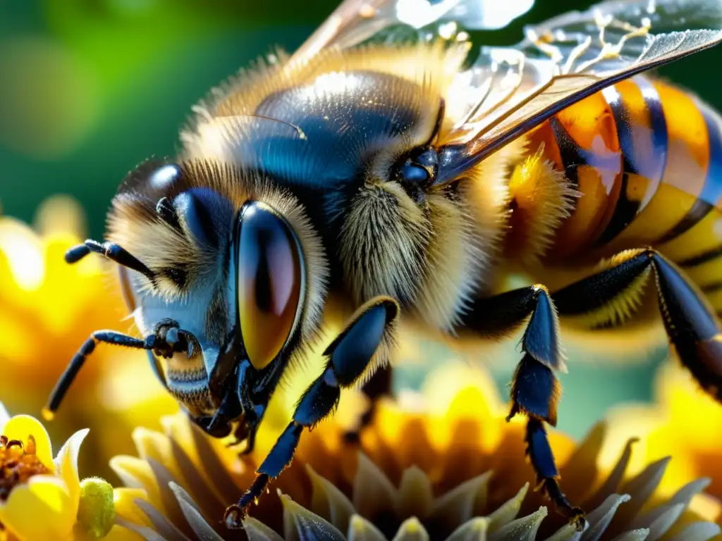 Detalle asombroso de una abeja recolectando resina para propóleo