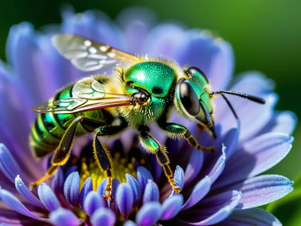 Detalle asombroso de una abeja sudorosa metálica sobre una flor morada