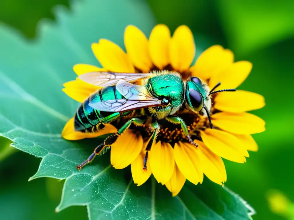 Detalle asombroso de abeja sudorosa metálica verde recolectando polen en girasol, resalta estrategias conservación insectos peligro