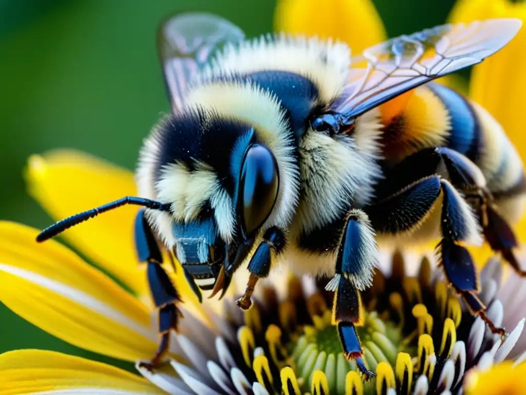 Detalle asombroso de un abejorro posado en una flor, con alas cubiertas de polen