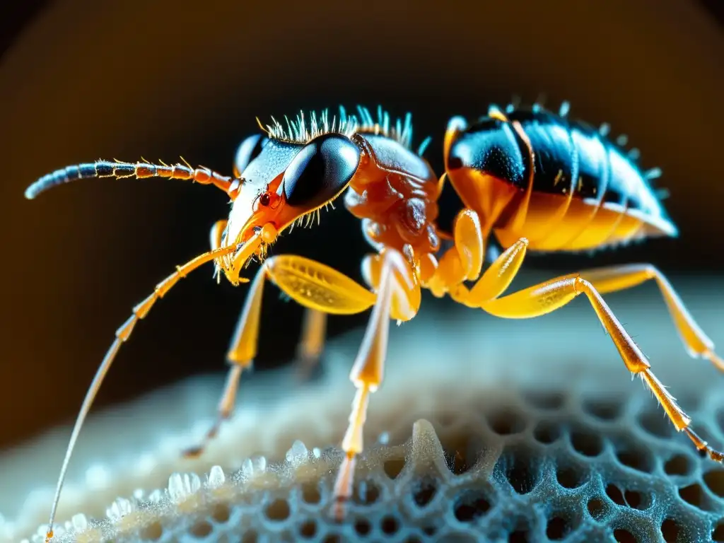 Detalle asombroso de un ácaro en la pata de una hormiga, resaltando la importancia de los ácaros en ecosistemas insectiles