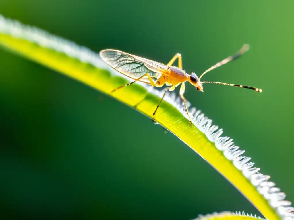 Detalle asombroso de un áfido en una plántula, resaltando la importancia de los insectos en germinación