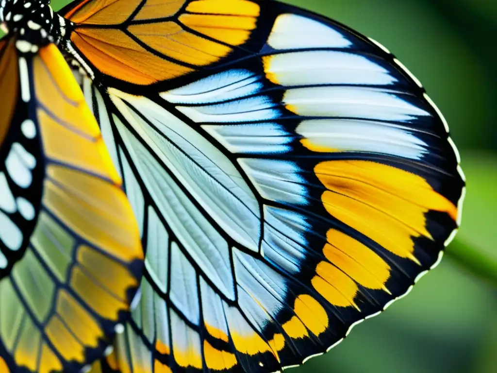 Detalle asombroso de la ala de mariposa monarca, resaltando la belleza y complejidad de la herencia de características en insectos