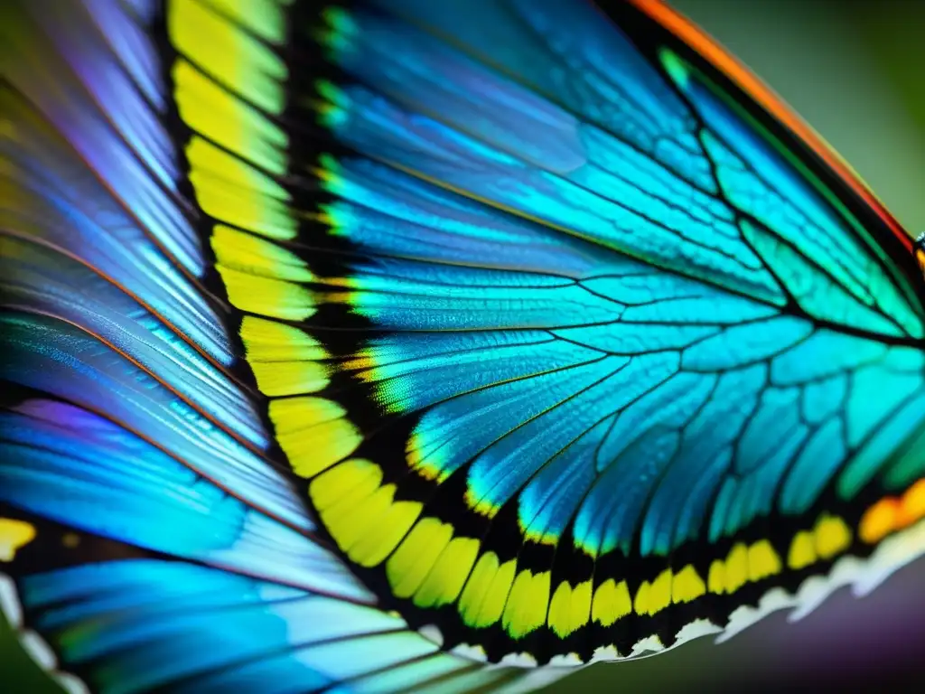 Detalle asombroso de ala de mariposa iridiscente, resaltando su belleza y la importancia de las subespecies de insectos