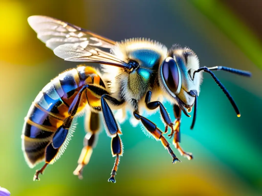 Detalle asombroso de alas de abeja en vuelo, comunicación insectos voladores durante vuelo